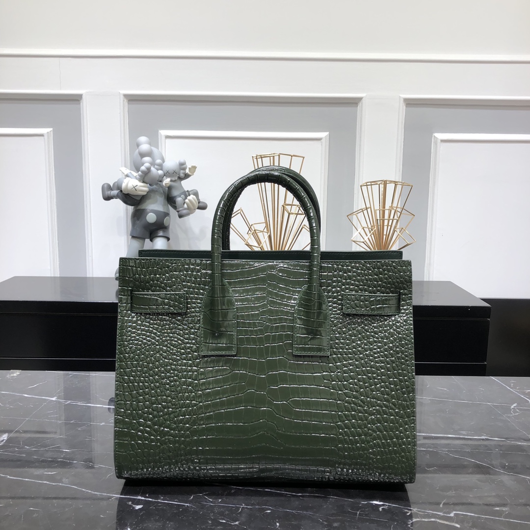 Saint Laurent Sac De Jour Crocodile Embossed Calfskin Handbag Shoulder Bag Army Green 378299 Silver